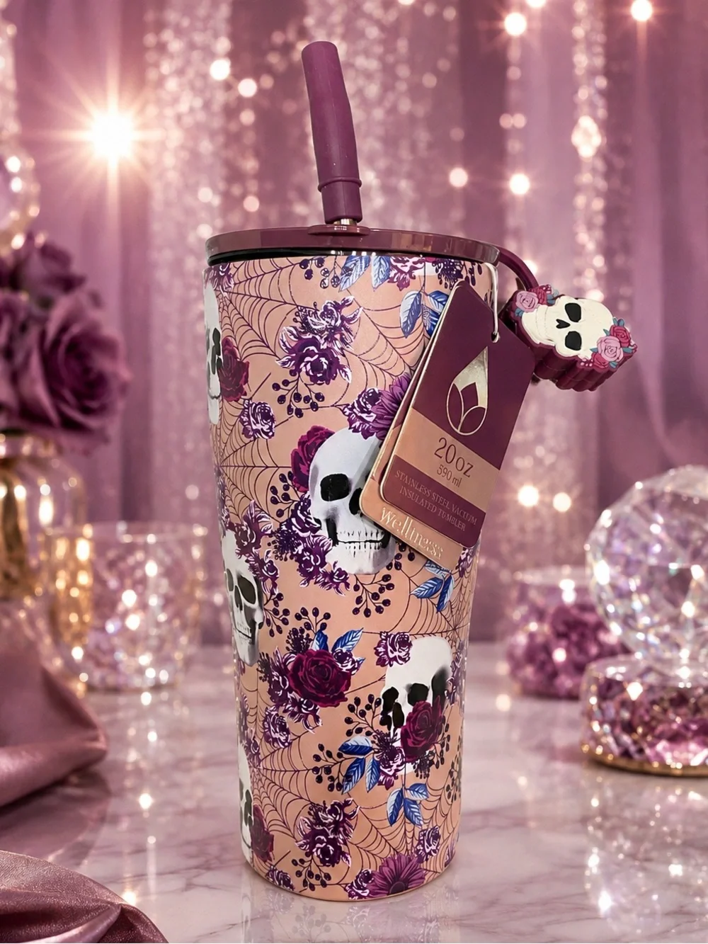 Stainless Steel 20oz Pink Floral Skull Tumbler with Straw